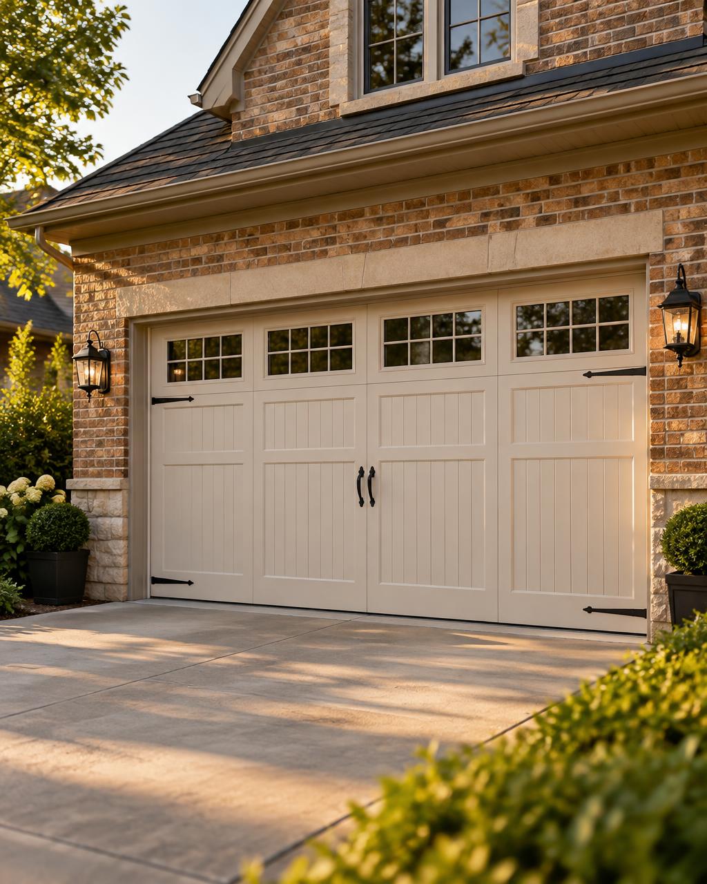 Carriage-style insulated garage door with top windows on a brick Charlotte-area home